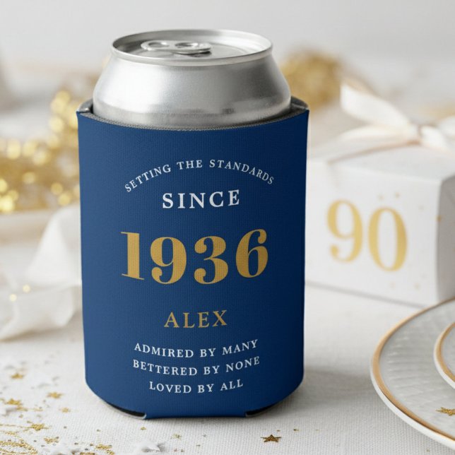 Rafraîchisseur Pour Canette 90th Birthday Name 1936 Blue Gold Elegant Chic (Blue 1936 can cooler with white background.)