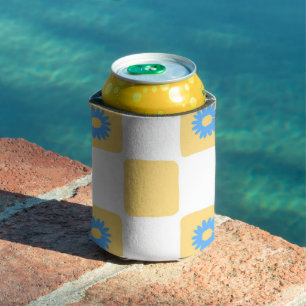 Rafraîchisseur Pour Canette À damiers Jaune Blanc Avec Motif Fleur Bleu