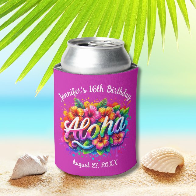 Rafraîchisseur Pour Canette Aloha Tropical Hawaiian Anniversaire Luau Purple (Créateur téléchargé)