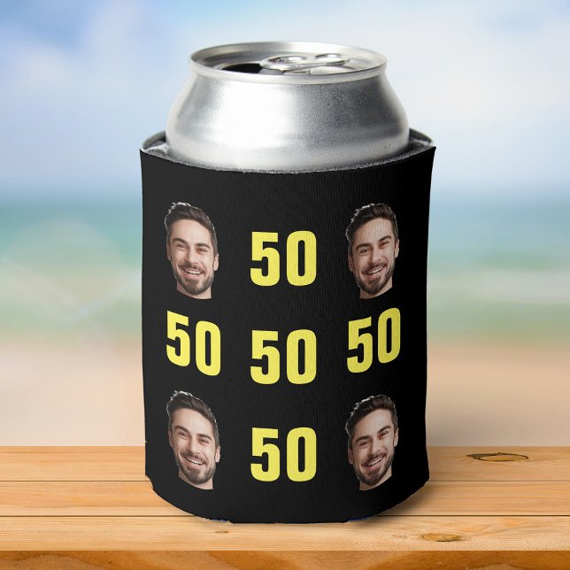 Rafraîchisseur Pour Canette Amusant unique 50e anniversaire Photo Cool Retro (Silver soda can in a black can cooler decorated with repeating yellow "50" text and photo)