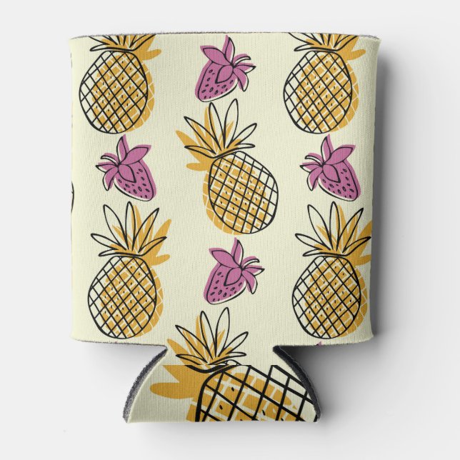 Rafraîchisseur Pour Canette Ananas, fraise design textile vintage. (Devant)