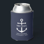 Rafraîchisseur Pour Canette Ancre Bleue marine Nautique Groomsmen personnalisé<br><div class="desc">Ce cadeau personnalisé présente un design d’ancre blanche avec le nom et le titre de votre marionnettiste dans une police serif blanche classique sur arrière - plan bleu marine. Un hôtel bien pensé pour les mariages nautiques, les mariages sur la plage ou les fêtes côtières. Parfait comme un cadeau personnalisé...</div>