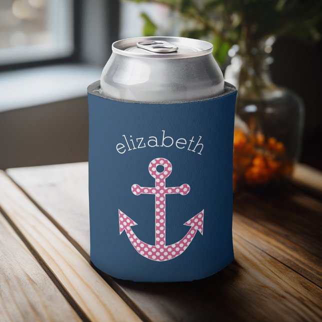 Rafraîchisseur Pour Canette Ancre de point rose mignon avec nom personnalisé M (Personalized can cooler with a place to add a name or other custom text)
