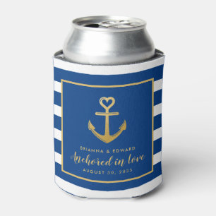 Rafraîchisseur Pour Canette Ancre d'or Bleu Bleu Blancs Mariage nautique