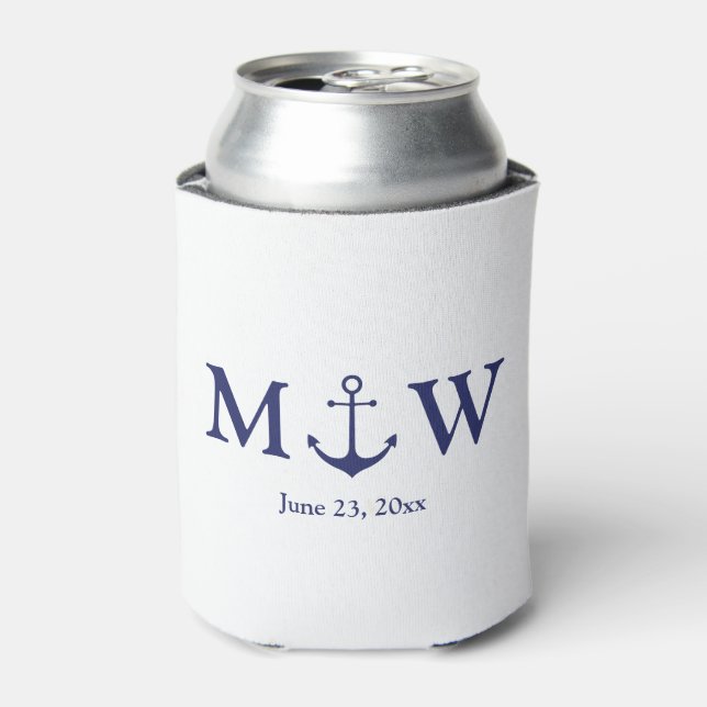 Rafraîchisseur Pour Canette ancre nautique mariage marine bleu monogramme favo (Can devant)