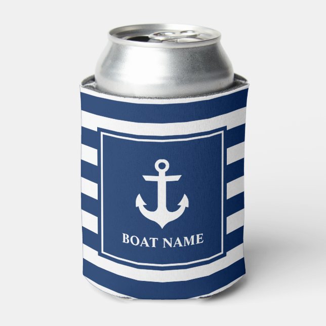 Rafraîchisseur Pour Canette Ancre nautique Marine Blue Striped Boat Name (Can devant)