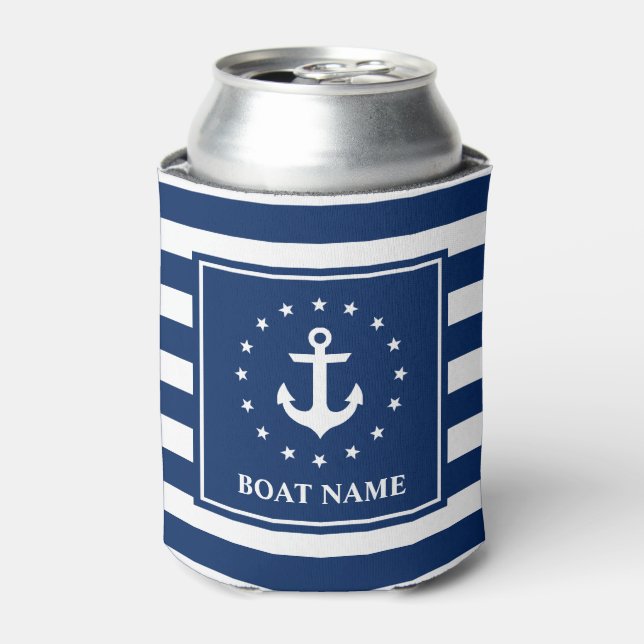 Rafraîchisseur Pour Canette Ancre nautique Marine Blue Striped Boat Name Stars (Can devant)
