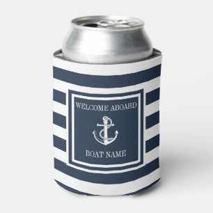 Rafraîchisseur Pour Canette Ancre nautique rayée bleu marine nom de bateau