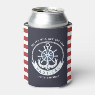 Rafraîchisseur Pour Canette Ancre nautique,Roue, Bleu marine,Rayes rouges