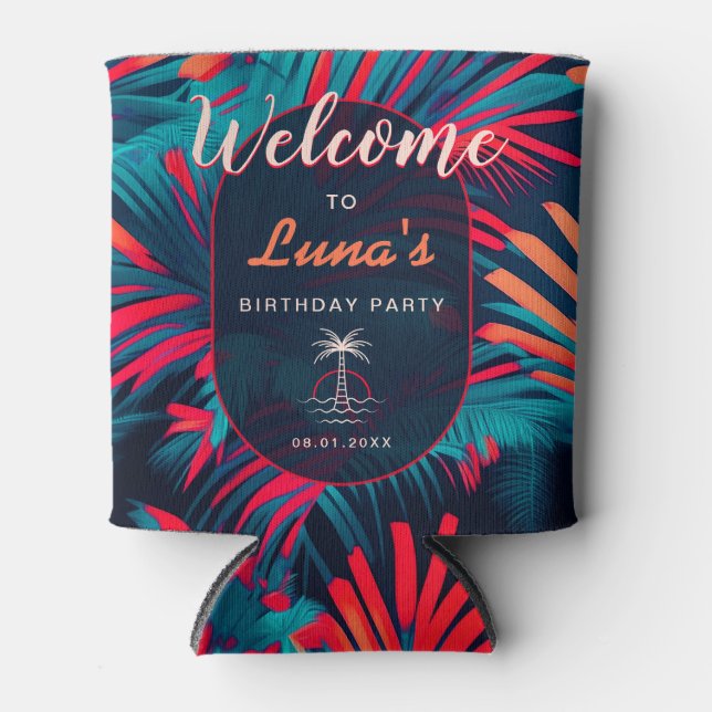 Rafraîchisseur Pour Canette Anniversaire Beach party Palm tree coucher de sole (Devant)