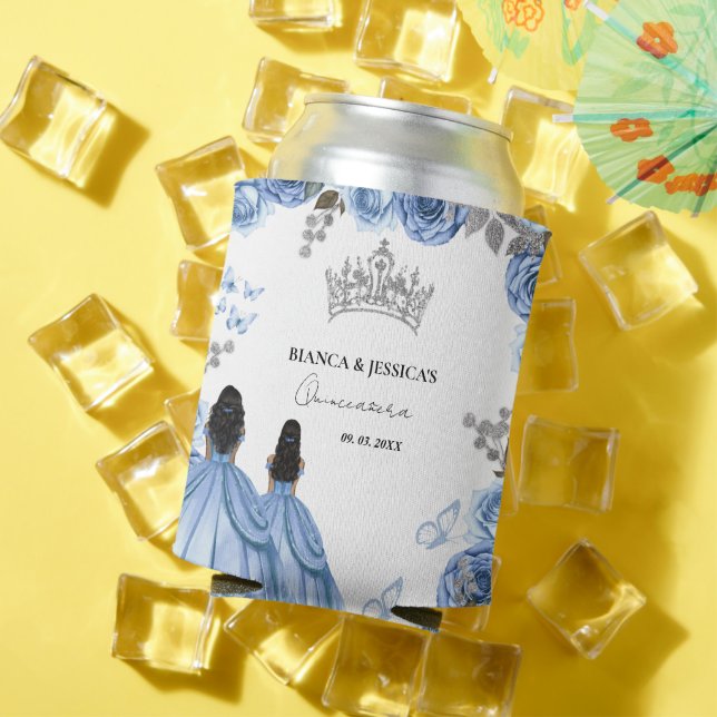 Rafraîchisseur Pour Canette Aquarelle bleu Dusty Floral Twin Quinceañera (Été in situ)