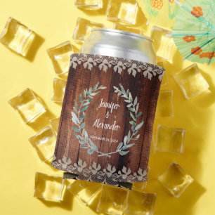 Rafraîchisseur Pour Canette Aquarelle botanique feuille Mariage de bois rustiq