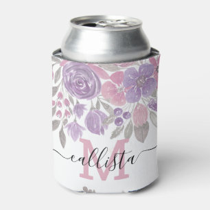 Rafraîchisseur Pour Canette Aquarelle de couleur verte de la flore rose violet