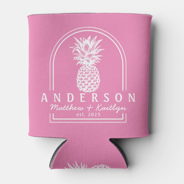 Rafraîchisseur Pour Canette Arc de mariage à l'ananas rose & nom (Devant)