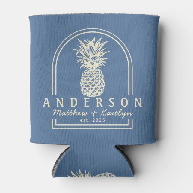 Rafraîchisseur Pour Canette Arc de mariage Capri Blue Ananas & Nom (Devant)
