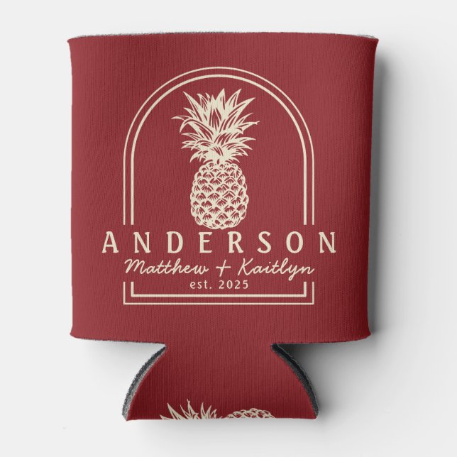 Rafraîchisseur Pour Canette Arc de mariage profond canneberge ananas & nom (Devant)