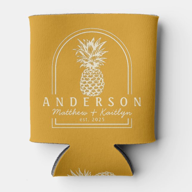 Rafraîchisseur Pour Canette Arche de mariage ananas Bouton d'or brûlé & Nom (Devant)