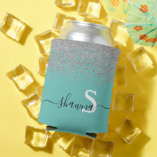 Rafraîchisseur Pour Canette Argent Féminin et Monogramme Turquoise Aqua Paille