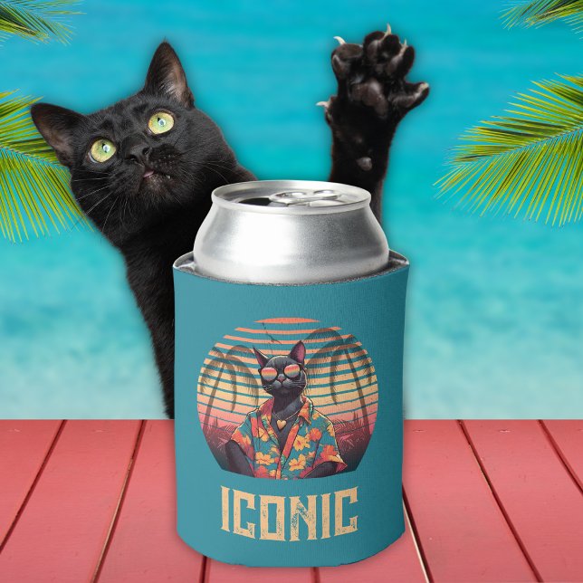Rafraîchisseur Pour Canette Attitude de chat Tropical intemporelle (Timeless Tropical Cat Attitude Can Cooler with a black cat.)