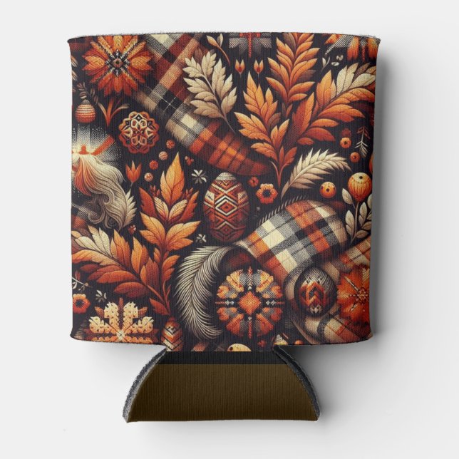 Rafraîchisseur Pour Canette Automne Plaid Feuilles Orange Black Motif (Devant)