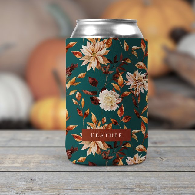 Rafraîchisseur Pour Canette Automne sarcelle (Teal Fall Leaves Floral Personalized Can Cooler by Painted Paperie
)