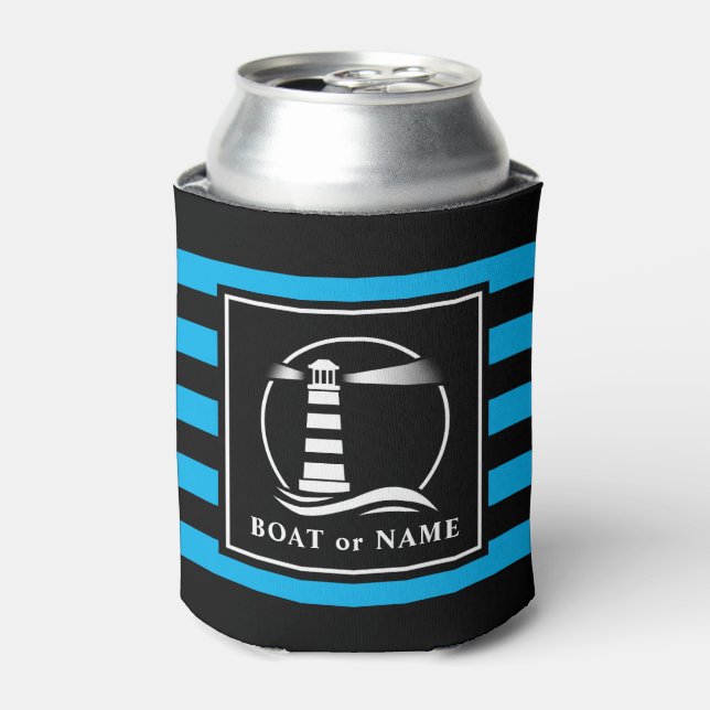 Rafraîchisseur Pour Canette Bateau phare classique ou nom Bleu rayé (Can devant)
