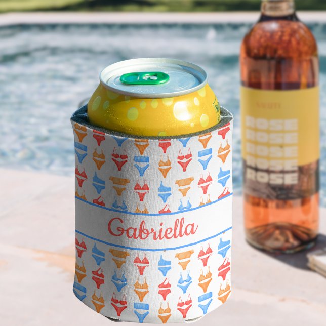 Rafraîchisseur Pour Canette Beach Pool Party Nom personnalisé Bachelorette (Custom Bachelorette Can Cooler - Personalized Beach Party Favor with Colorful Bikini Pattern!)