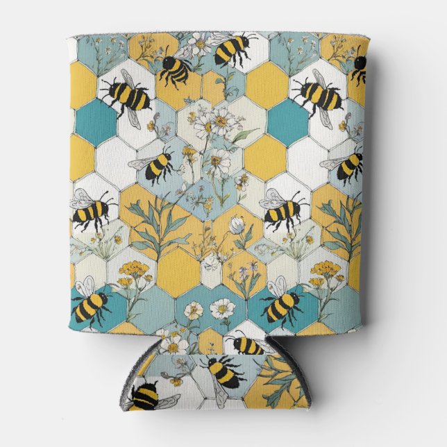 Rafraîchisseur Pour Canette Bees Floral Honeycomb Jaune et Turquoise (Devant)