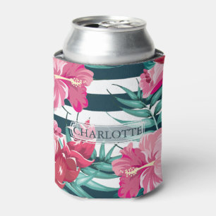 Rafraîchisseur Pour Canette Belle Fleurs roses exotiques Monogramme rayé
