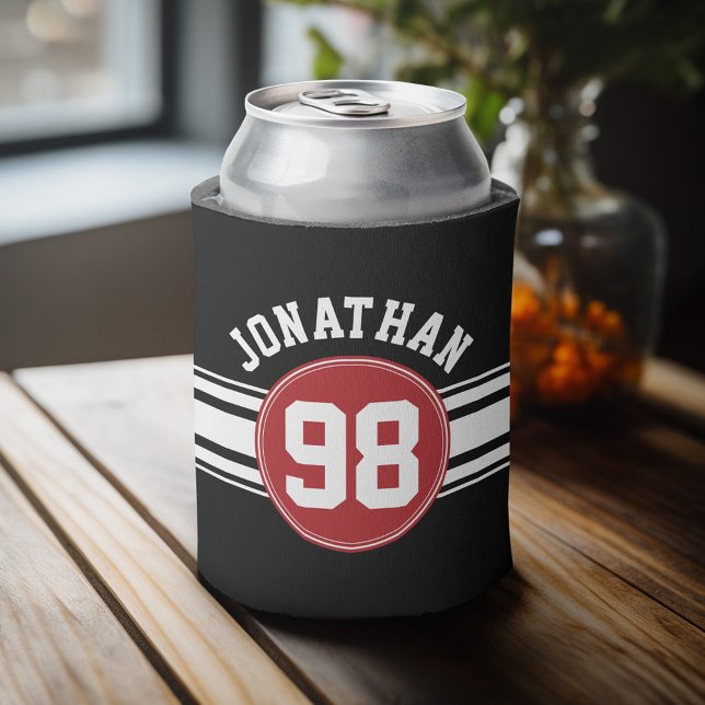 Rafraîchisseur Pour Canette Black and Red Sports Jersey Nom personnalisé Numér (Personalized Can Cooler - add a name and custom text to this sports jersey design)