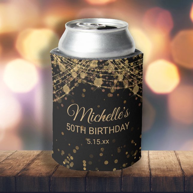 Rafraîchisseur Pour Canette Black Gold String Lumières Parties scintillant Adu (Black and gold glitter custom birthday party can cooler/koozie. Personalized with name, age, date)