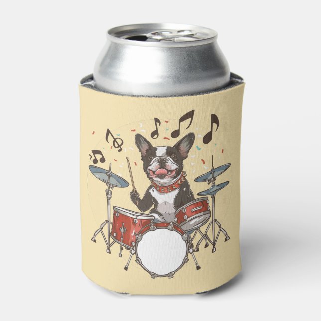 Rafraîchisseur Pour Canette Boston Terrier Dog Playing Drums (Can devant)