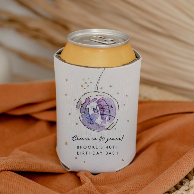 Rafraîchisseur Pour Canette Boule Disco Étoile Aquarelle Anniversaire (Purple disco ball watercolor illustration birthday party personalized can cooler.)