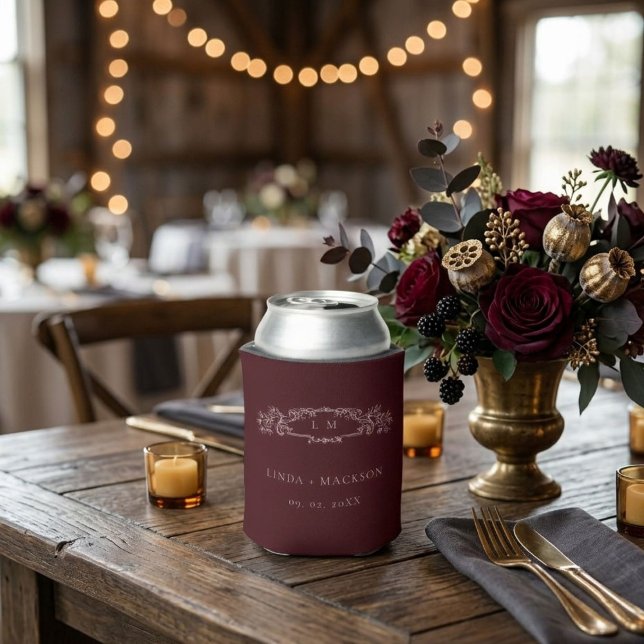 Rafraîchisseur Pour Canette Burgundy botanical crest monogram wedding (Créateur téléchargé)