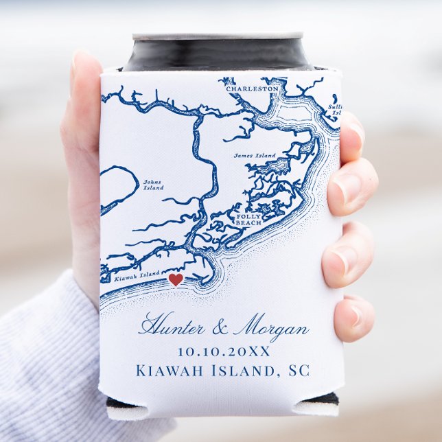 Rafraîchisseur Pour Canette Carte de l'île de Kiawah Elégant Marine Blue Weddi (Kiawah Island SC Map Can Coozie Wedding Favors for an Elegant Navy Blue from Coastal Map Designs)