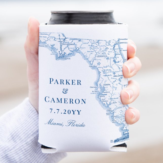 Rafraîchisseur Pour Canette Carte de Miami Floride Élégant Boisson de Faveur d (Miami FL Can Coozie Wedding Favor Custom Can Cooler Florida Map Blue and White Coastal Map Designs)