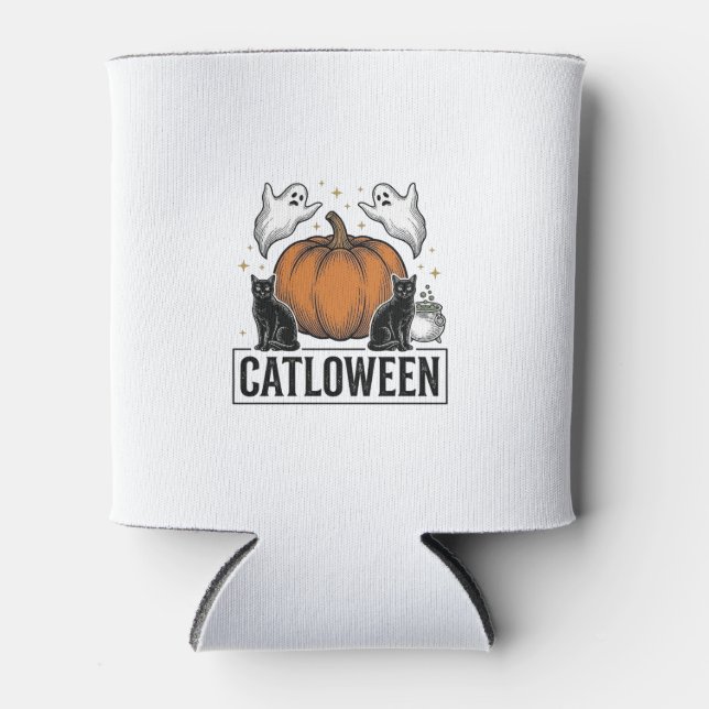 Rafraîchisseur Pour Canette Catloween Chat Noir Fantôme Halloween Conception V (Devant)