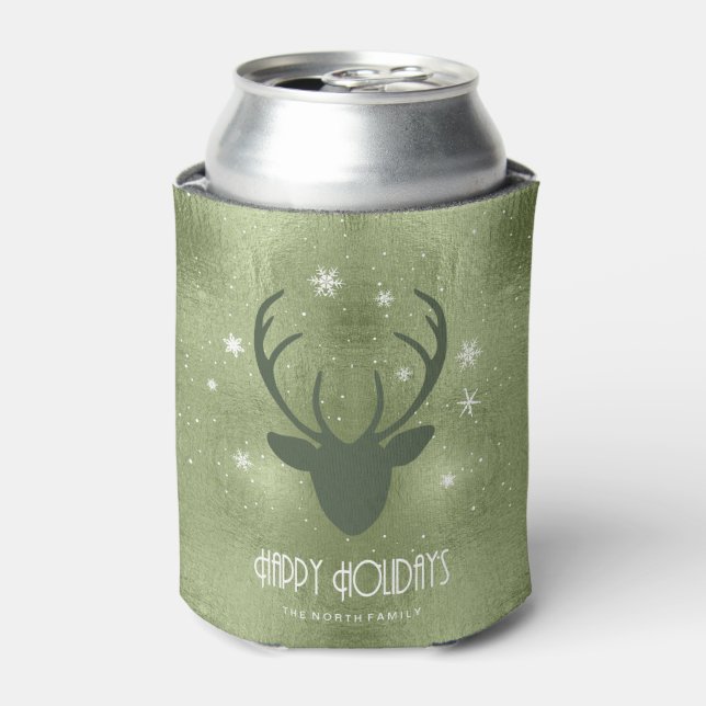 Rafraîchisseur Pour Canette Cerfs Antlers Silhouette & Snowflakes Green ID861 (Can devant)
