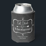 Rafraîchisseur Pour Canette Chalkboard Look Mariage Can Cooler<br><div class="desc">Le thème mariage peut refroidir, fait dans un look vintage gris tableau, avec des graphiques blancs d'un coeur avec flèche et cadre décoratif avec texte de lecture Manger, boire et être marié. Excellentes faveurs de mariage pour vos invités ou votre mariage. Personnalisez le texte blanc personnalisé, en bas, pour répondre...</div>