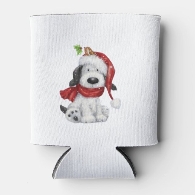 Rafraîchisseur Pour Canette Charmant chien de Noël avec chapeau de Père Noël & (Devant)