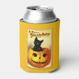 Rafraîchisseur Pour Canette Chat d'Halloween assis dans la boîte de citrouille