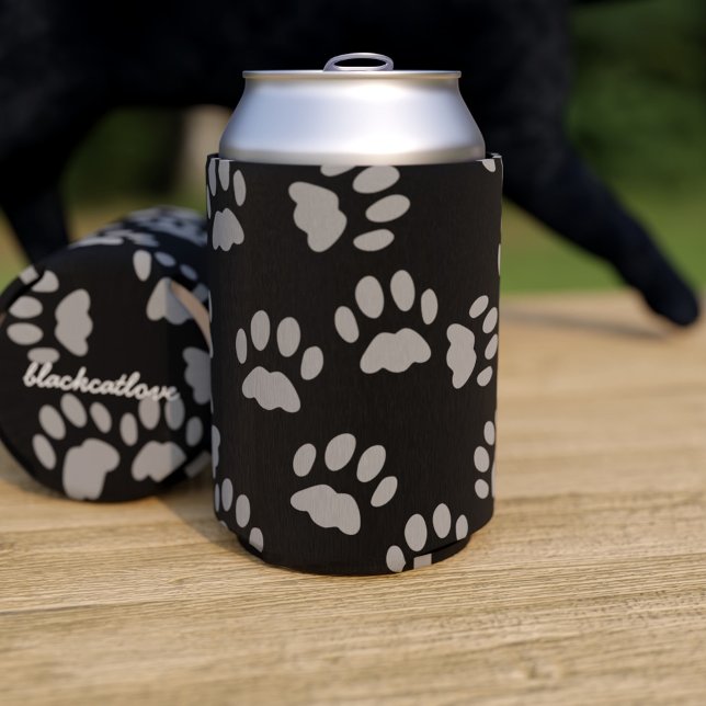 Rafraîchisseur Pour Canette Chat noir Gris Empreintes de pattes personnalisées (You can add your name to the bottom of this can cooler so your Kitty knows it's yours.)