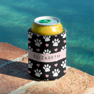 Rafraîchisseur Pour Canette Chien Paws, White Paws, Rose Hearts, Votre Nom