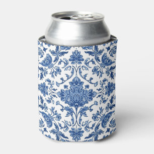Rafraîchisseur Pour Canette Chinoiserie Florale Bleue sur Fond Blanc Aquarelle