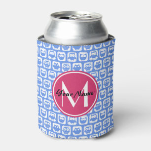Rafraîchisseur Pour Canette Chouette bleue Motif rose Personnalisé Monogramme