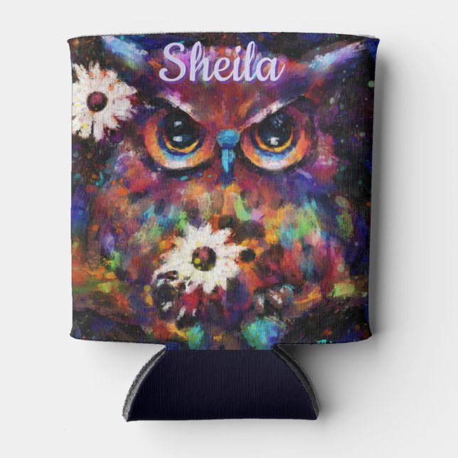 Rafraîchisseur Pour Canette Chouette florale impressionniste de Whimsical Pers (Devant)