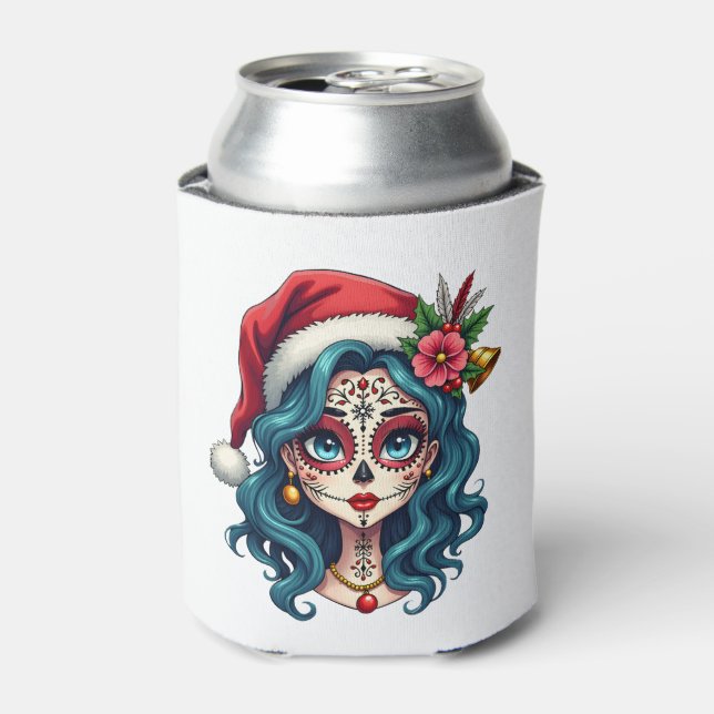 Rafraîchisseur Pour Canette Christmas Sugar Skull Art Woman Santa Hat Festive  (Can devant)