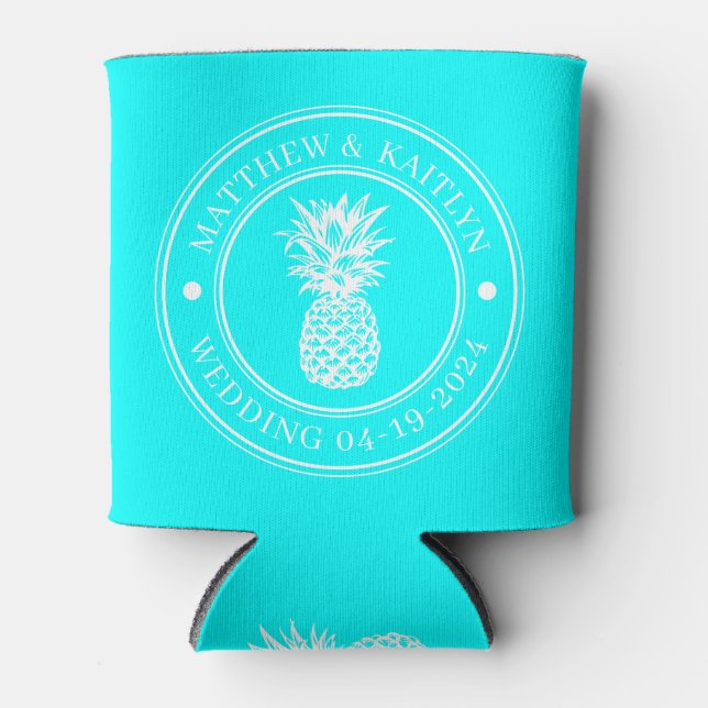 Rafraîchisseur Pour Canette Cimier de mariage et nom de pineapple cyan rétro é (Devant)