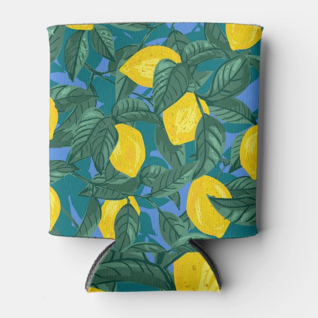 Rafraîchisseur Pour Canette Citrons, feuille : motif tropical d'agrumes. (Devant)