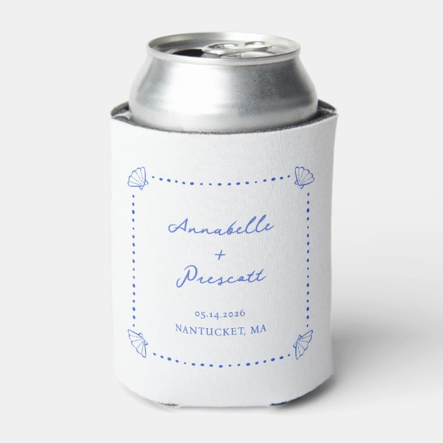 Rafraîchisseur Pour Canette Coastal Shell Blue Border Personalized Wedding (Can devant)